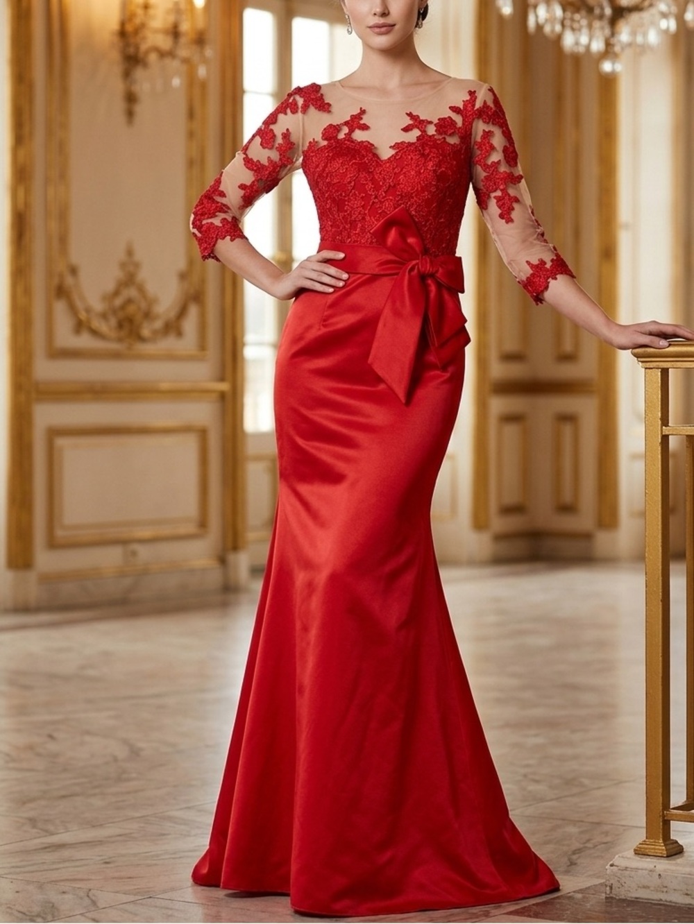 Ts Couture Red Lace & Satin Formal Evening Gown with Bow Size 4 NWT